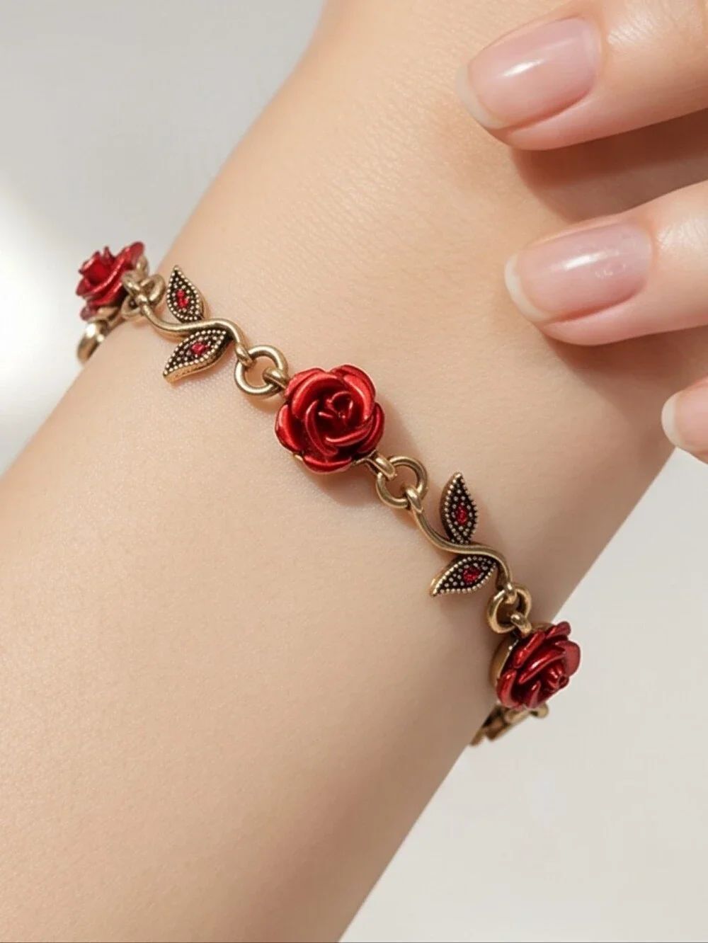 Red Rose Bracelet Antique Gold Floral Link Romantic Vintage Adjustable Jewelry